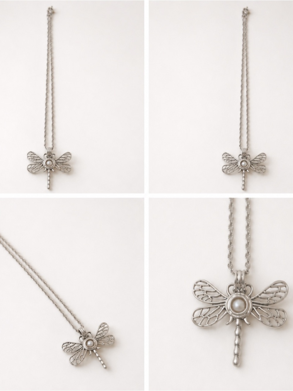 Silver Dragonfly Pendant Necklace with Real Pearl Accent